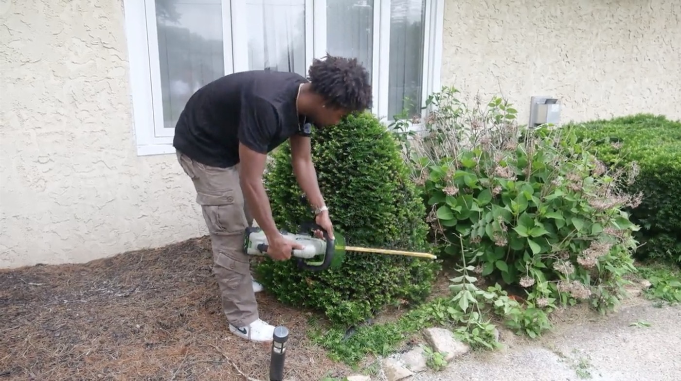 Crew member trimming an overgrown hedge during a spring cleanup